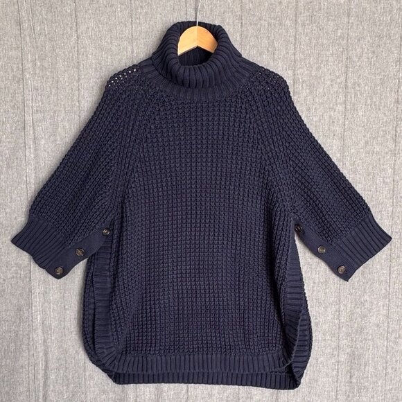 J. Crew Navy Blue Turtle Neck Chunky Knit Half Sleeve Sweater Poncho Size Large - Picture 1 of 10